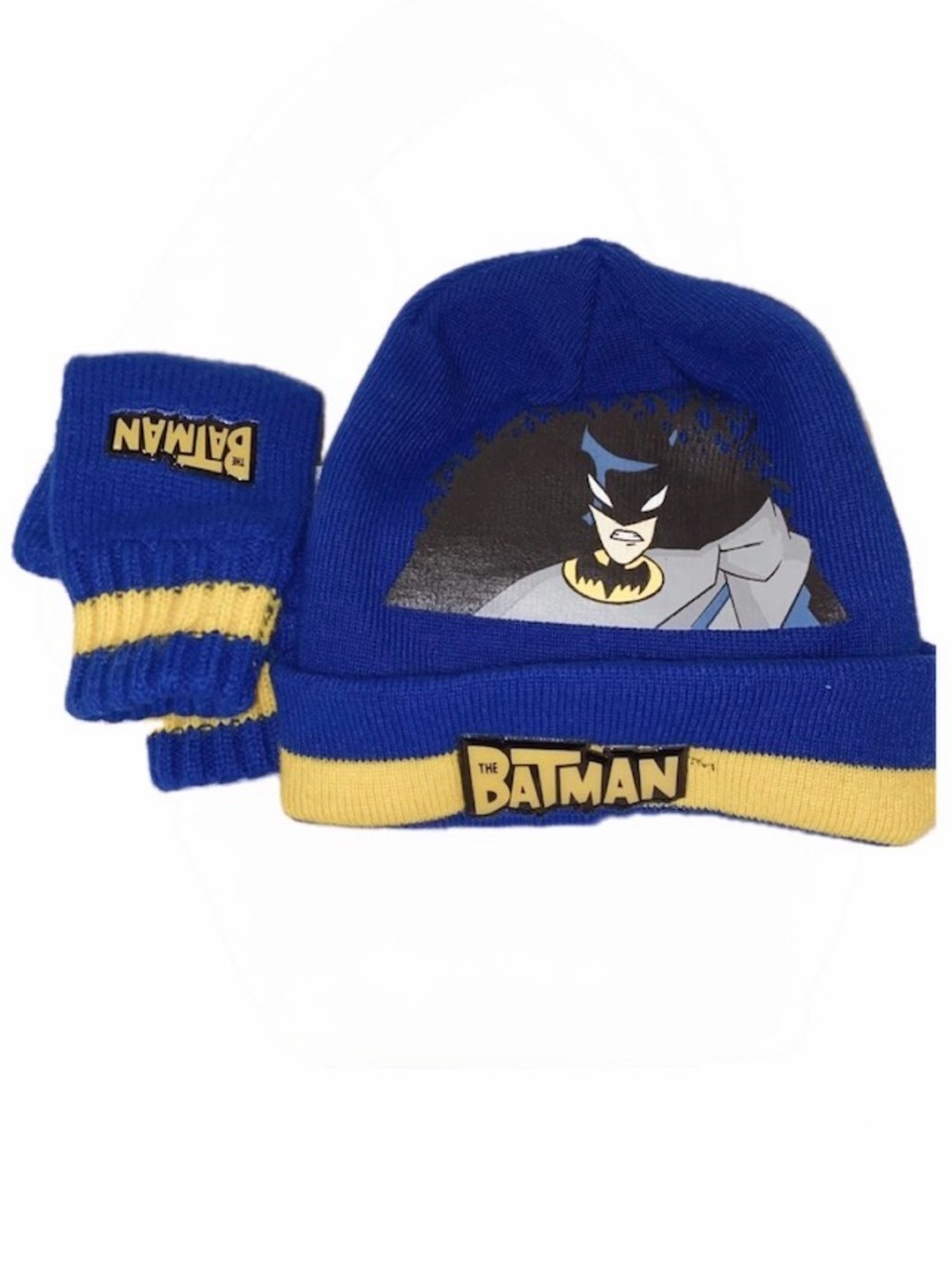 DC Comics Boys Batman Winter Beanie Hat & Mittens Gloves Set Blue Yellow OS